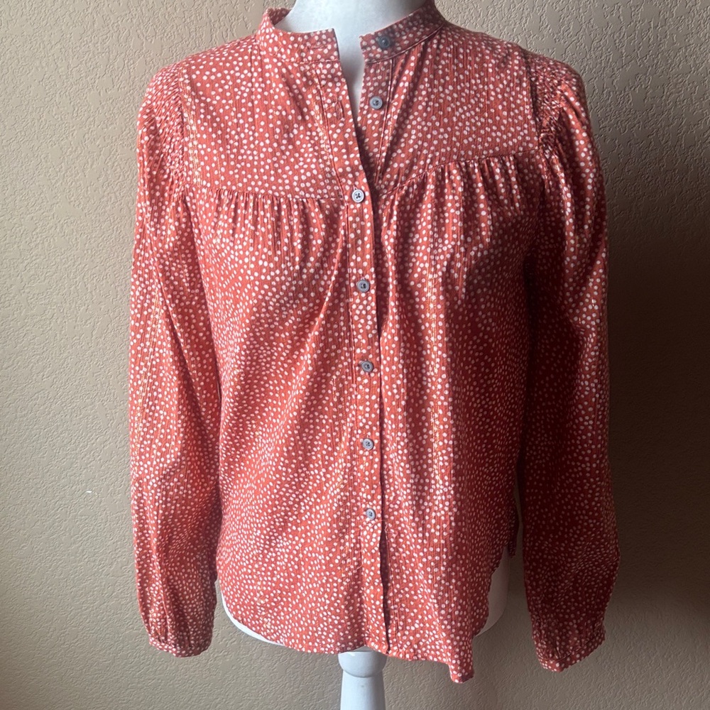 LOFT Orange Dot Metallic Shimmer Button-Front Blouse